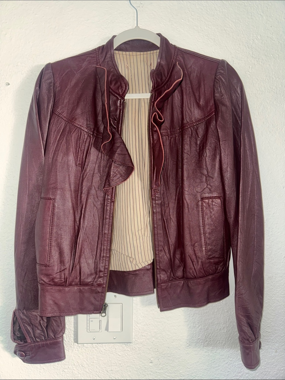 Mike & Chris Women's Burgundy Ruffle-Trim Leather Jacket